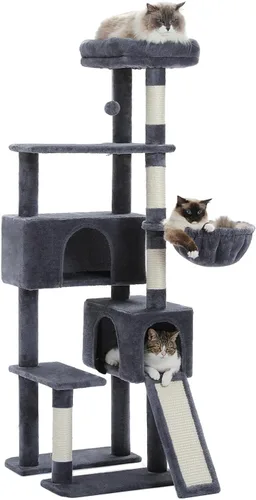PAWZ Road Árbol para gatos, torre para gatos de 60 pulgadas con condominios dobles, perca espaciosa, cesta acogedora y postes rascadores cubiertos