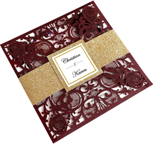 Miniatura 10 de Tarjetas de invitaciones de boda cuadradas de 6.3 x 6.3 pulgadas, corte calado mediante láser, diseño floral, con banda dorada y sobres blancos
