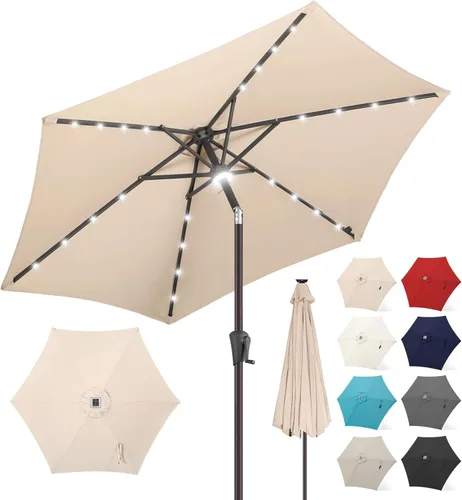 Miniatura 20 de FLAME&SHADE Sombrilla de patio con luz solar de 7.5 pies, 24 luces LED, sombrilla para exteriores con luz envolvente central, sombrilla de mesa