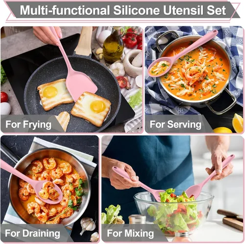 Miniatura 5 de P&P CHEF Juego de utensilios de cocina, 4 piezas de utensilios de cocina de silicona antiadherentes, cuchara sólida ranurada y resistente al calor