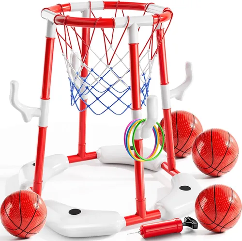 Miniatura 9 de NIPLOOOW Aro de baloncesto para piscina, juego de anillos flotantes 4 en 1 con 4 bolas, lanzador de bomba de aire y bolas adhesivas, juego