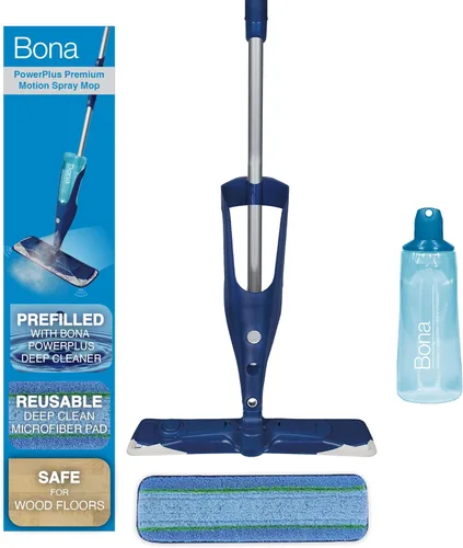 Bona - Mopa con aerosol y movimiento de alta gama con tecnología PowerPlus para pisos de madera dura; incluye solución de limpieza PowerPlus para