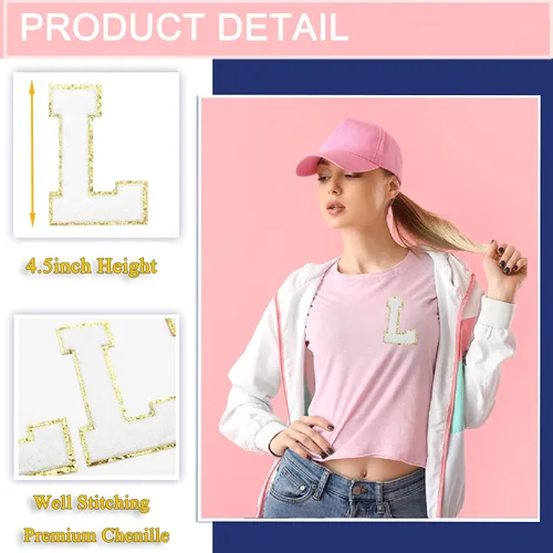 Miniatura 3 de 3 parches de letras de felpilla blancas con brillantina para ropa, tamaño grande de 4-1/2", parches de letras termo-adhesivas con brillantina