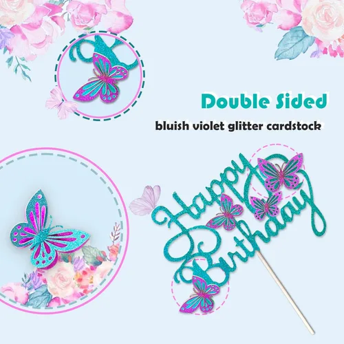 Miniatura 3 de 13 adornos de mariposa para tartas, adornos 3D para cupcakes para niñas y cumpleaños de mujeres (azul y morado)