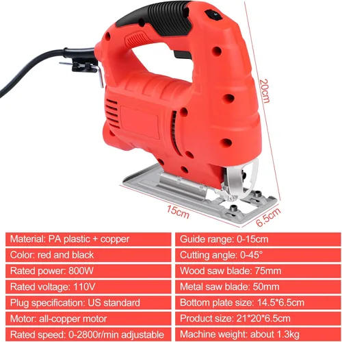 Miniatura 5 de Sierra de calar con cable, kit de herramientas de sierra de calar eléctrica de 800 W con 6 velocidades 0-2800 RPM, corte biselado de 0° a 45°