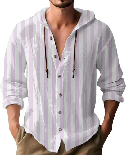 Miniatura 24 de Camisas de manga larga con botones para hombre, camisa con capucha a rayas verticales, casual, para vacaciones, verano, ligera, con cordón Z21