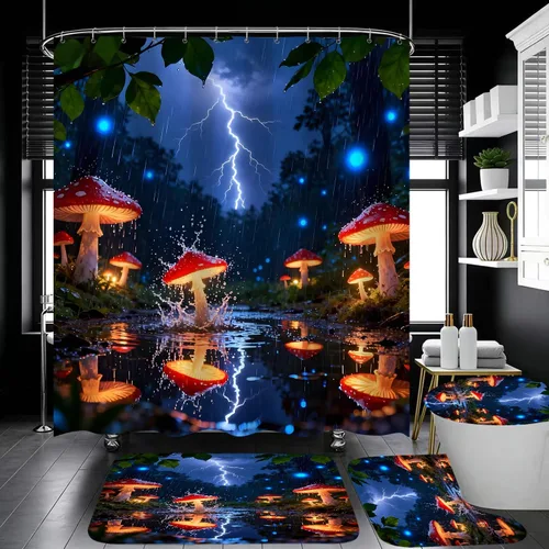 Miniatura 3 de Juego de 4 cortinas de ducha con diseño de hongos e iluminación