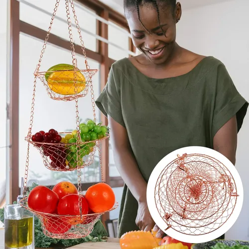 Miniatura 2 de BESTonZON 1 juego de cesta colgante plegable de alambre de frutas organizador de exhibición para decoración del hogar diseño de ahorro de espacio