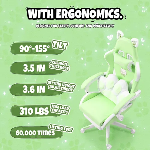 Miniatura 6 de Silla de gamer verde con reposapiés de gato de Vigosit, silla de escritorio de gamer ergonómica y linda con orejas de gato, silla de computadora