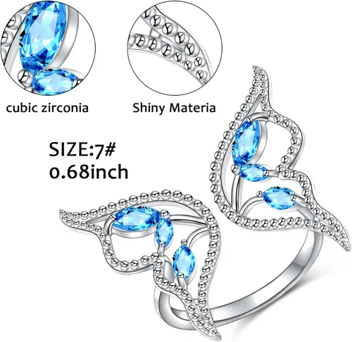 Miniatura 7 de DAOCHONG Anillos de mariposa con circonita cúbica azul y plata de ley 925 para mujeres y niñas, Plata, Zirconia cúbica