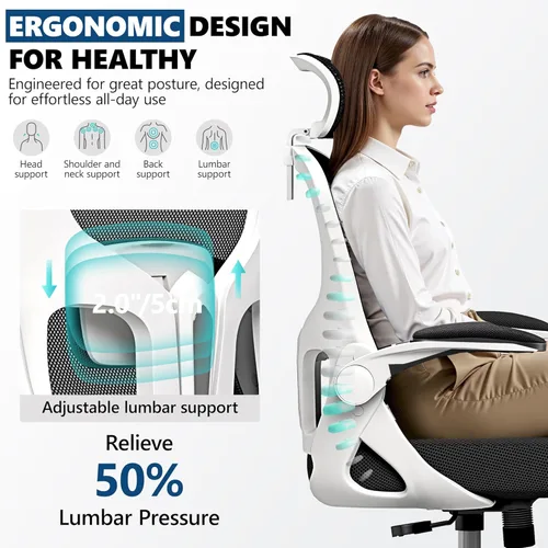 Miniatura 3 de Silla de oficina ergonómica, silla de escritorio de malla con reposacabezas ajustable y soporte lumbar, silla de computadora con ruedas con Blanco