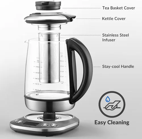Miniatura 6 de Mecity Tetera eléctrica de vidrio de borosilicato con control de temperatura e infusor - Pantalla LCD y programas de preparación preestablecidos