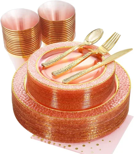 Nervure 175 piezas de platos de plástico rosa y dorados - Platos desechables rosas: 25 platos de cena, 25 platos de postre, 25 tenedores, 25