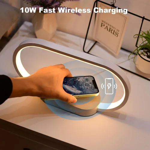 Miniatura 2 de Donewin Lámpara de noche de carga inalámbrica con puerto de carga USB, luz de mesa de noche de madera de alta calidad para dormitorio, lámpara
