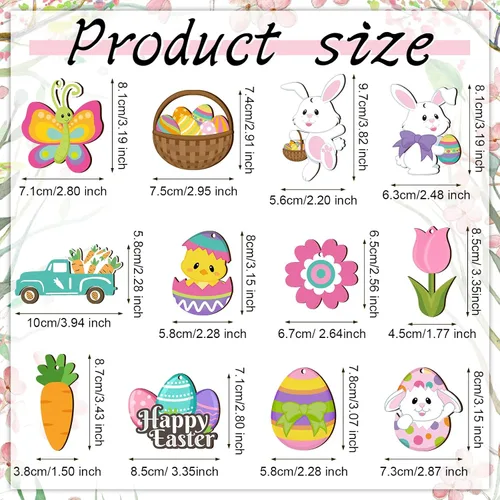 Miniatura 3 de Qunclay 24 piezas de adornos de madera de primavera de Pascua, huevos de flores, conejo, huevo, letreros colgantes para árbol, decoraciones