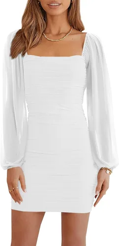 Ofenbuy Vestido de manga larga de malla para mujer, cuello cuadrado, fruncido, mini vestido ajustado elástico, vestido de cóctel para fiesta