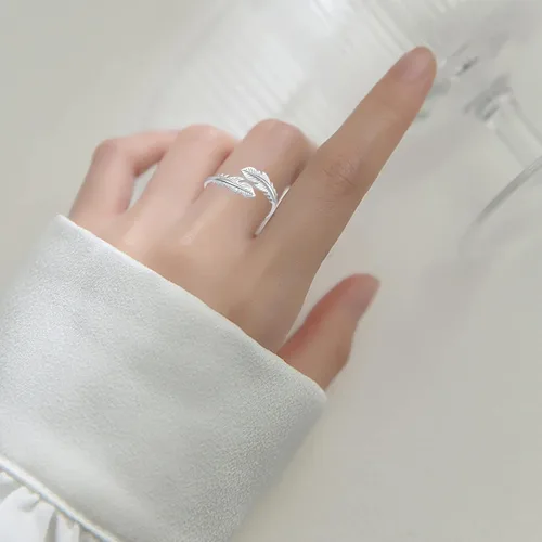 Miniatura 2 de Anillo de plumas inspirador, joyería de plata de ley 925 con hojas ajustables y delicadas, anillos abiertos para mujeres, adolescentes y niñas
