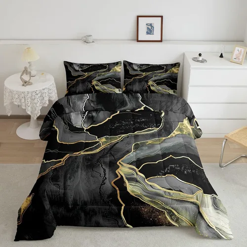Miniatura 2 de Juego de edredón de lujo negro y gris, juego de ropa de cama con lentejuelas doradas y mármol, relleno de edredón con textura abstracta de mármol