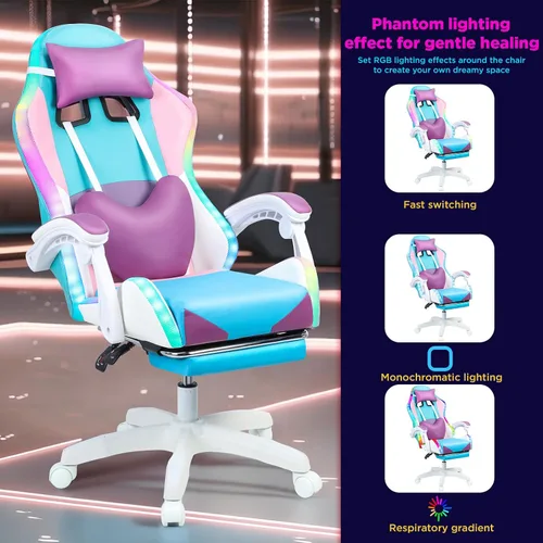 Miniatura 5 de Sillas de juegos para adultos, silla de computadora con reposapiés y respaldo alto ergonómico, luz LED, sillas giratorias de 360° en altura