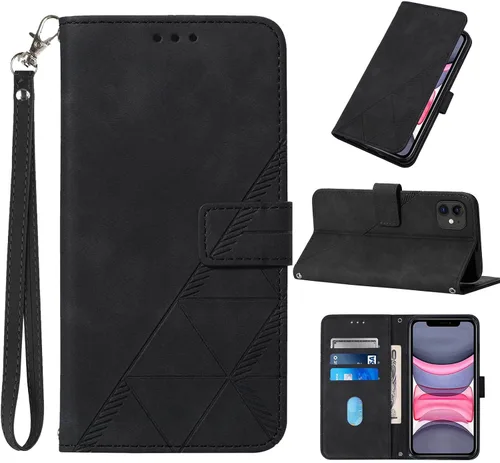 Funda tipo cartera para iPhone 11, tarjetero y correa, color negro | PU leather, TPU, protective, stand, 3 card slots, cash pocket, shockproof,