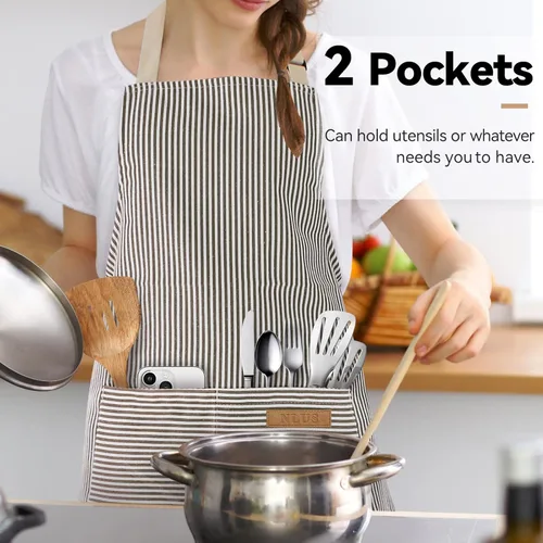 Miniatura 4 de NLUS Paquete de 2 delantales de cocina de cocina, delantal de chef ajustable suave con 2 bolsillos para hombres y mujeres (rayas negras y marrones)