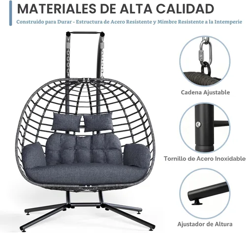 Miniatura 5 de SWITTE Silla doble de columpio en forma de huevo con soporte, hamacas de mimbre colgantes para patio al aire libre de 2 personas con cojín para Gris