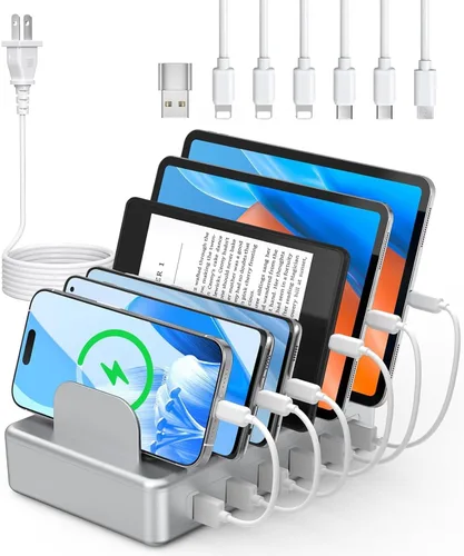 Miniatura 8 de CREATIVE DESIGN Estación de carga múltiple de 50 W y 6 puertos con 6 cables de carga, base de carga USB para múltiples dispositivos, compatible
