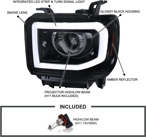 Miniatura 4 de SPEC-D TUNING Faros de proyector LED de tubo negro Compatible con 2014-2015 GMC Sierra 1500 2015-2019 2500HD 3500HD Ensamblaje de faros izquierdo +
