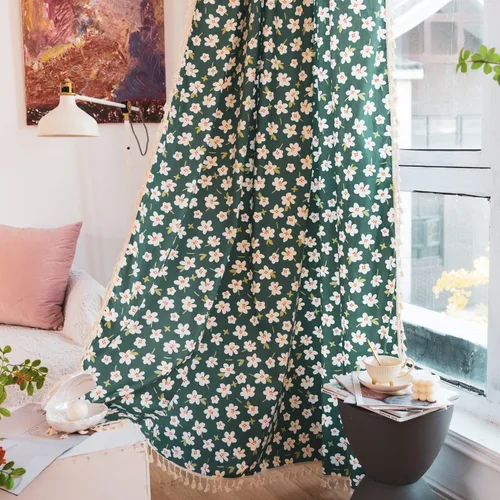 Miniatura 94 de Deeprove Cortinas bohemias para dormitorio, rayas huecas de ganchillo crema y estampado floral, tela de lino de algodón, con borlas beige bohemias