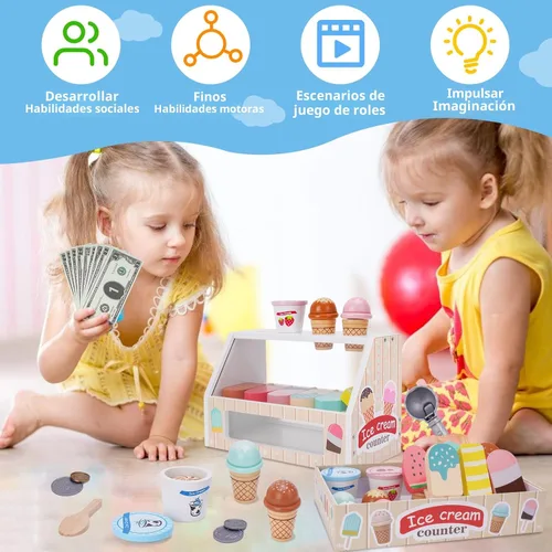 Miniatura 3 de Juego de Heladería de Madera para Niños, Juego de Cocina para Niñas Pequeñas, Juguetes de Simulación para Regalo para Niñas o Niños de 3, 4, 5, 6