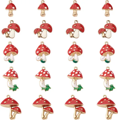 Mega Pet 20 dijes colgantes de hongos esmaltados de aleación, 5 formas, hongo rojo con perlas de imitación de resina de 0.906 x 0.610 in para