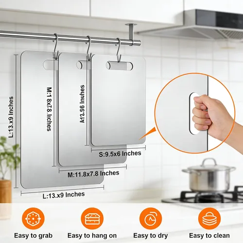 Miniatura 2 de Paquete de 3 tablas de cortar de acero inoxidable, tablas de cortar para cocina de 13 x 9 pulgadas, 11.8 x 7.87 pulgadas, 9.4 x 5.9 pulgadas, tabla