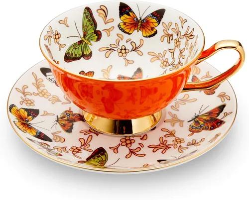 Miniatura 8 de LURRIER Taza de café con platillo para café con leche, té capuchino con mariposas de 6.8 onzas, porcelana fina de hueso, apta para lavavajillas