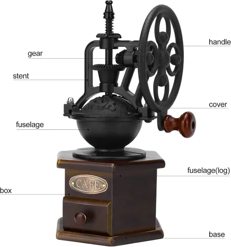 Miniatura 2 de IMAVO Molinillo de café manual, molinillo de grano de café de madera con manivela de hierro fundido, diseño antiguo, perfecto para el hogar, Máquina