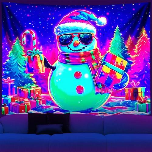 Miniatura 13 de NYZE - Tapiz de Navidad con Papá Noel, tapiz de luz negra que brilla en la oscuridad, colgante de pared, banner festivo, decoración para fiesta
