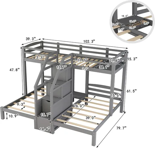 Miniatura 2 de DEINPPA Litera individual sobre individual e individual con escalera, litera triple de madera con escalera y espacio de almacenamiento integrado