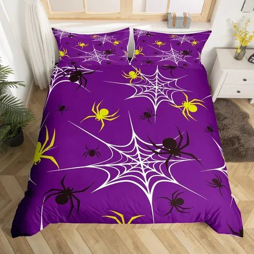 Miniatura 15 de Juego de ropa de cama de Halloween, funda de edredón gótica de murciélagos negros con telarañas, funda de edredón individual, diseño de arañas