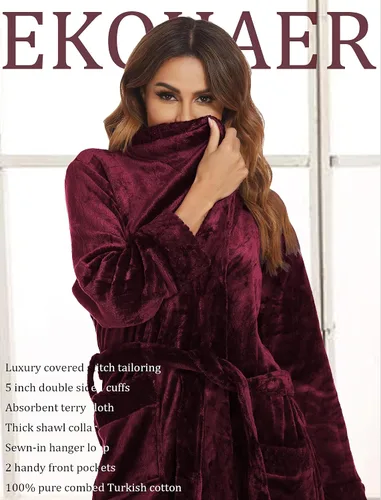 Miniatura 4 de Ekouaer Bata de forro polar para mujer bata larga de baño de felpa con cuello chal ropa de dormir de longitud completa con bolsillos