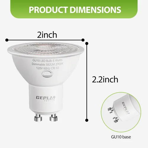 Miniatura 8 de GEPLAD Paquete de 6 bombillas LED GU10 regulables 6W 582LM, reemplazo de halógeno de 50W, foco de 38 grados 2700K blanco cálido para cocina, campana
