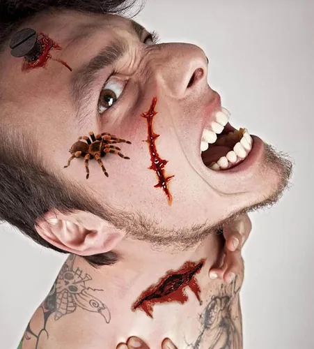 Miniatura 5 de Tatuajes temporales de gran tamaño, 10 hojas de tatuajes de cosplay de Halloween, tatuajes temporales realistas de boca grande, tatuaje de cicatriz