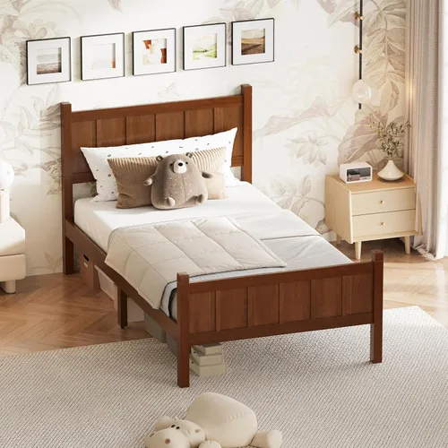 Miniatura 18 de Bellemave Cama de panel plano de tamaño individual con cabecero y estribo, cama de plataforma minimalista y moderna con acabado de grano de madera