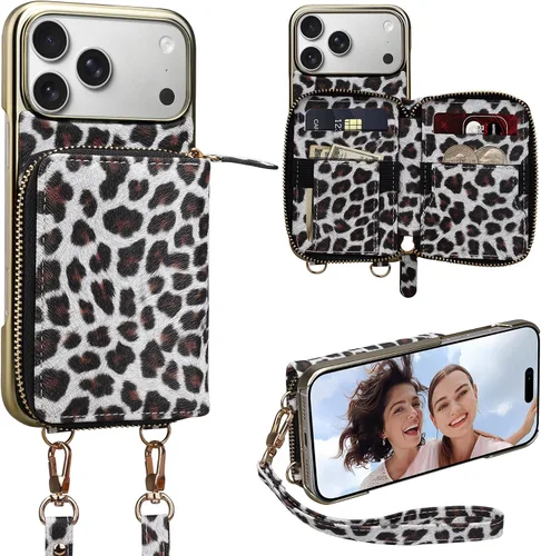 Miniatura 73 de Funda tipo cartera para iPhone 15 de 6.1 pulgadas, bolso cruzado con cremallera y correa para la muñeca con cordón para mujer, tarjetero con bloqueo