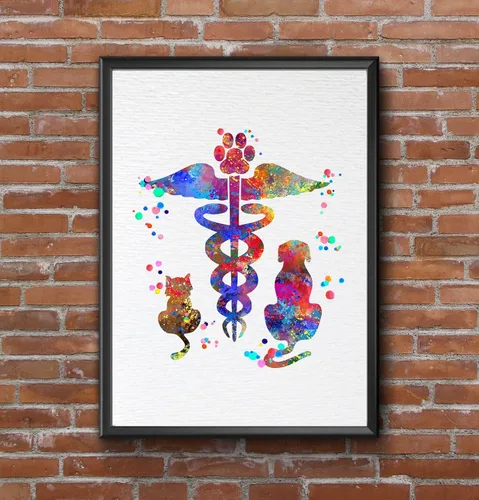 Miniatura 8 de Dignovel Studios 8X10 sin marco caduceo veterinario Clínica animal mascota acuarela arte impresión cartel inauguración casa giclée oficina
