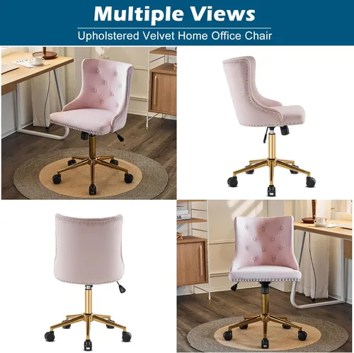 Miniatura 3 de VINGLI Silla de escritorio de terciopelo rosa claro sin brazos para oficina en casa con base dorada/ruedas, bonita silla de tocador y maquillaje