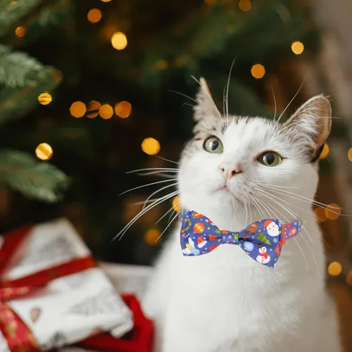 Miniatura 5 de Paquete de 2 collares de pajarita de gato de Navidad con campana, juego de collar ajustable festivo con dijes de árbol y campana, patrones de Papá