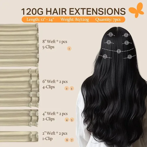 Miniatura 2 de DOORES Extensiones de cabello humano real con pinzas, balayage, rubio ceniza con reflejos rubio platino, 4.23 oz, 7 unidades, 18 pulgadas, lacio