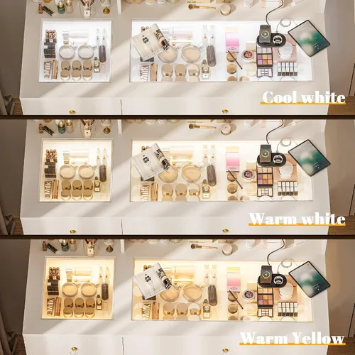 Miniatura 8 de INNOD Escritorio de tocador de 40 pulgadas con espejo grande y luces, moderno juego de tocador de maquillaje con tapa de vidrio con toma
