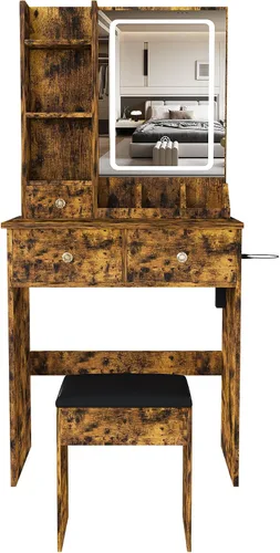 Miniatura 17 de Juego de escritorio pequeño con espejo iluminado y taburete, juego de mesa de maquillaje compacto con modelo de luz de 3 colores, mesa de maquillaje