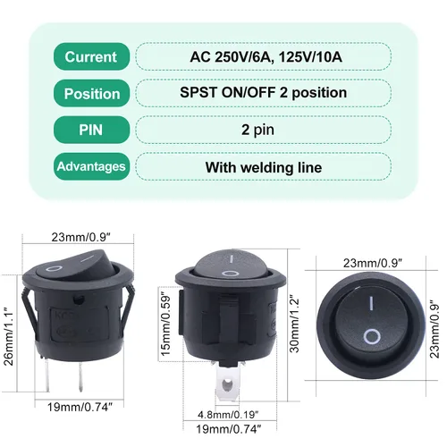 Miniatura 4 de Twidec Interruptor de botón momentáneo de 0.472 in y 10 interruptores basculantes AC 6A/250V 10A/125V SPST 2 pines 2 posiciones ON/OFF con cables