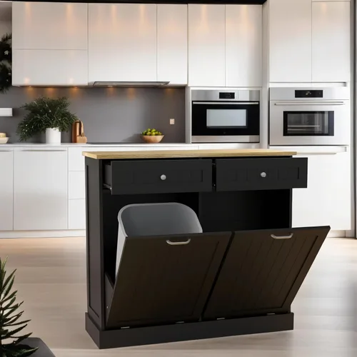 Miniatura 8 de RASOO Gabinete de basura de doble inclinación hacia fuera, cesta de lavandería independiente de madera con 2 cajones, cubo de basura de cocina